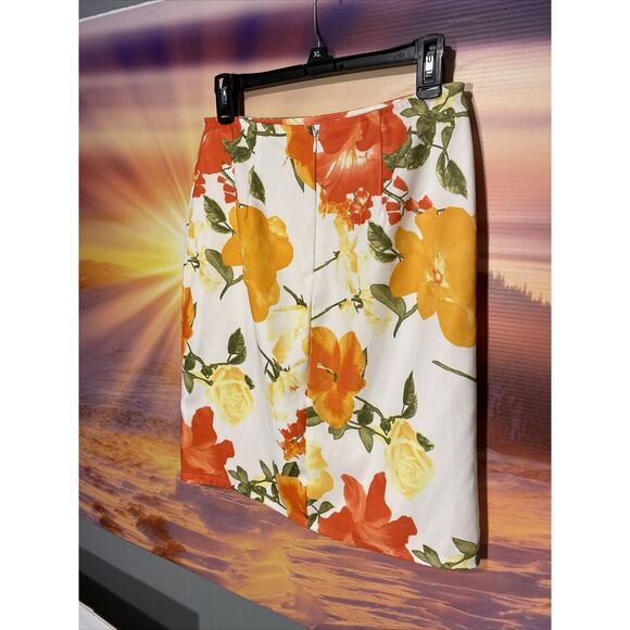 Aubrey Women's Skirt Bright Orange Yellow Floral Print Large MIDI‎ No Lining - Picture 3 of 6